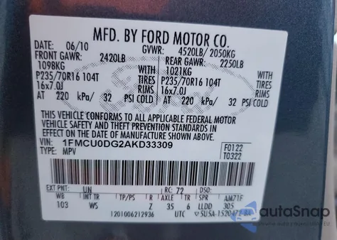 2010 Ford Escape Xlt из США, поврежденный, VIN 1FMCU0DG2AKD33309